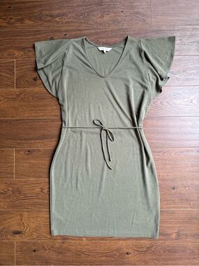 Part Two Olive Green V-Neck Tie-Waist Women's Dress